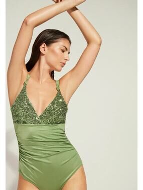 Calzedonia Cobey One Piece Swimsuit Green Sequin Embellished Womens Size Large